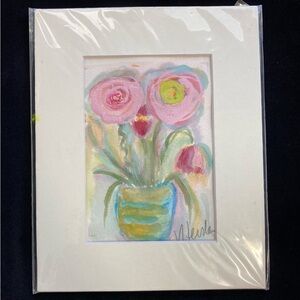Still Life In Striped Vase.Original Mixed Media Watercolor Painting Matted 5"x7"